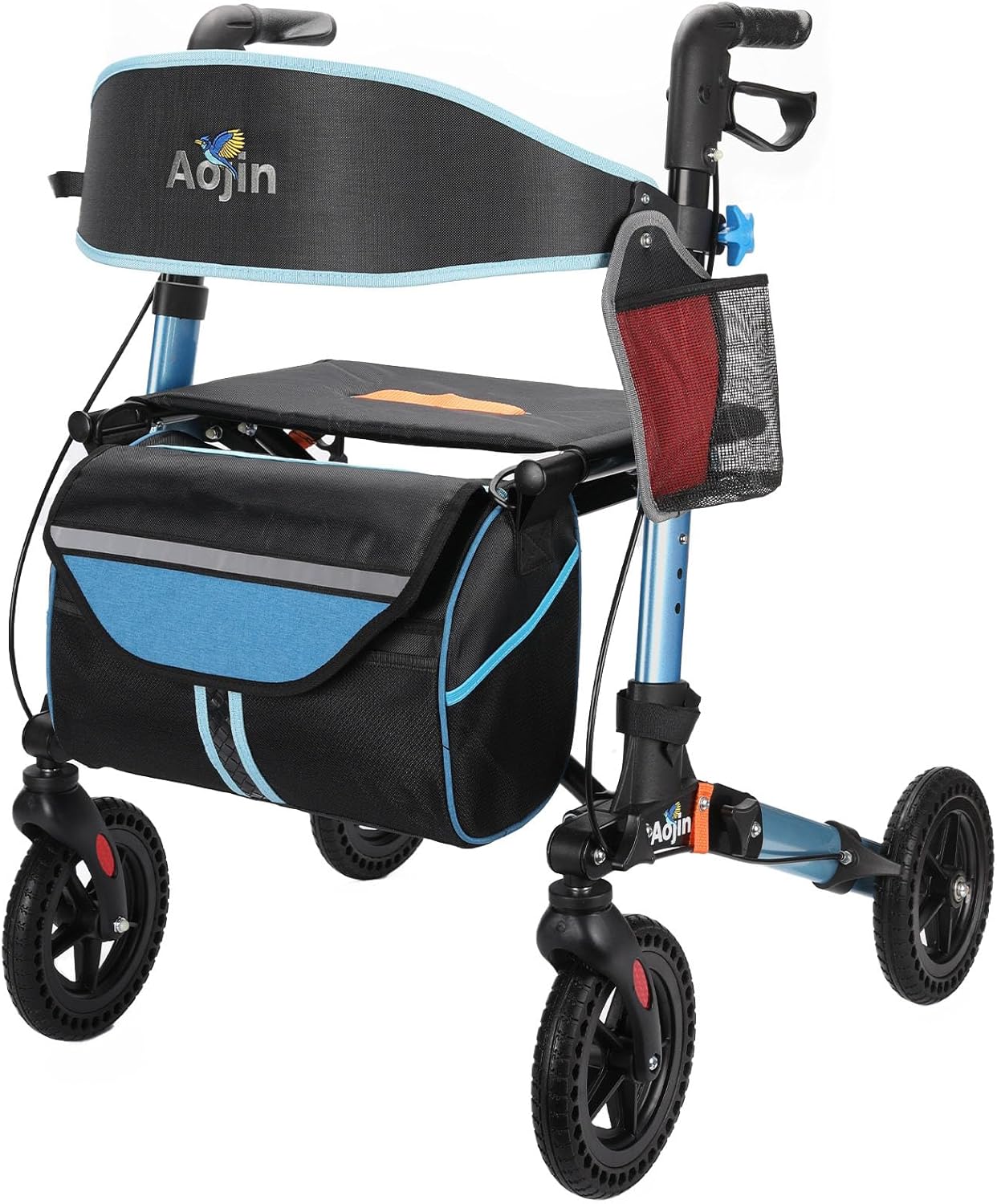 Lightweight Aluminum Foldable All Terrain Rolling Walker with seat, 8 inch Rubber Wheels, Handles and Backrest for Seniors and Adult