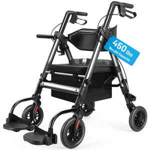 Heavy Duty Rollator Walker for Seniors with seat, Foldable 2-in-1 Rolling Walkers Wheelchair Combo for Adult , All Terrain Wheels, Adjustable Transport Chair with Brake, 450 lb. Weight Capacity